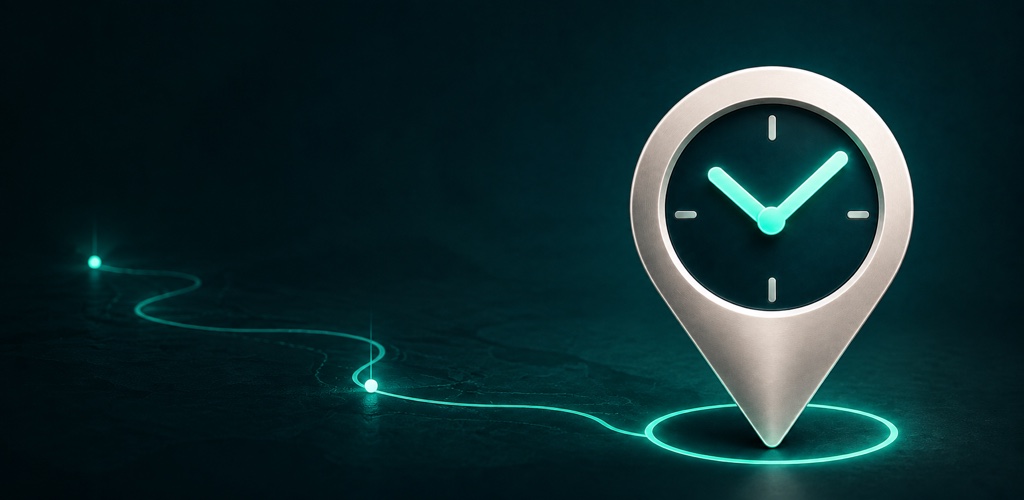 A silver location pin with a clock, connected to a glowing route