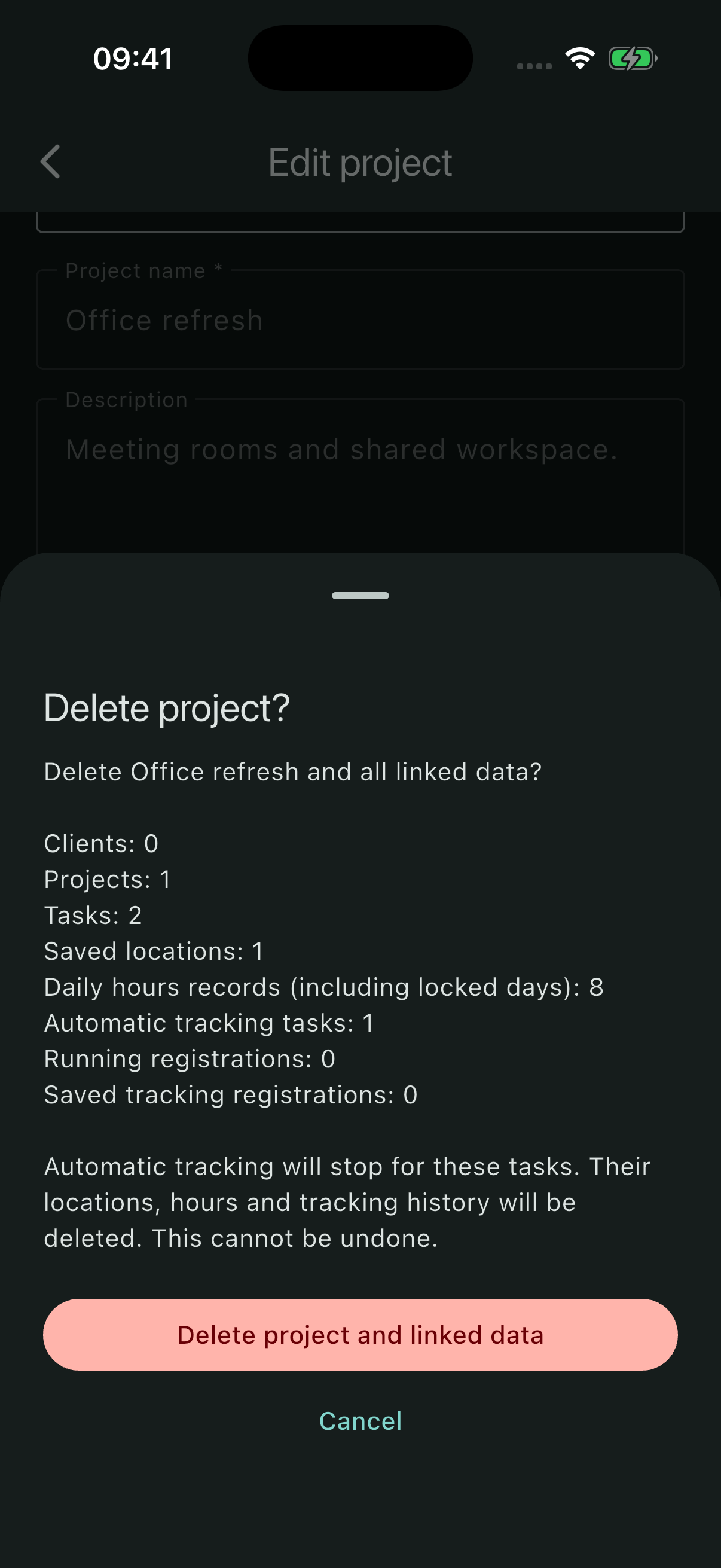 Deletion confirmation with counts of linked projects, tasks, hours, locations and tracking