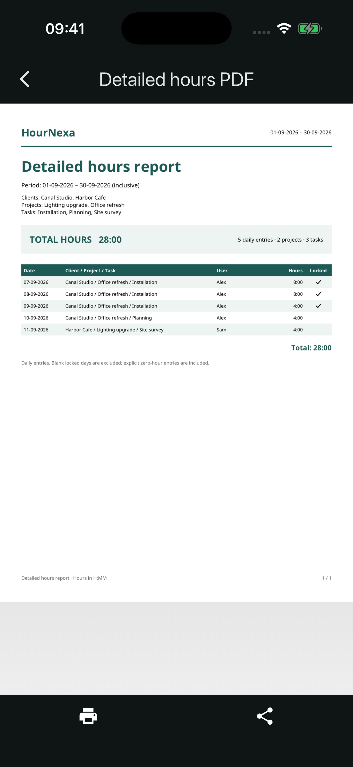 Detailed hours PDF showing example task names, user names, hours and lock status