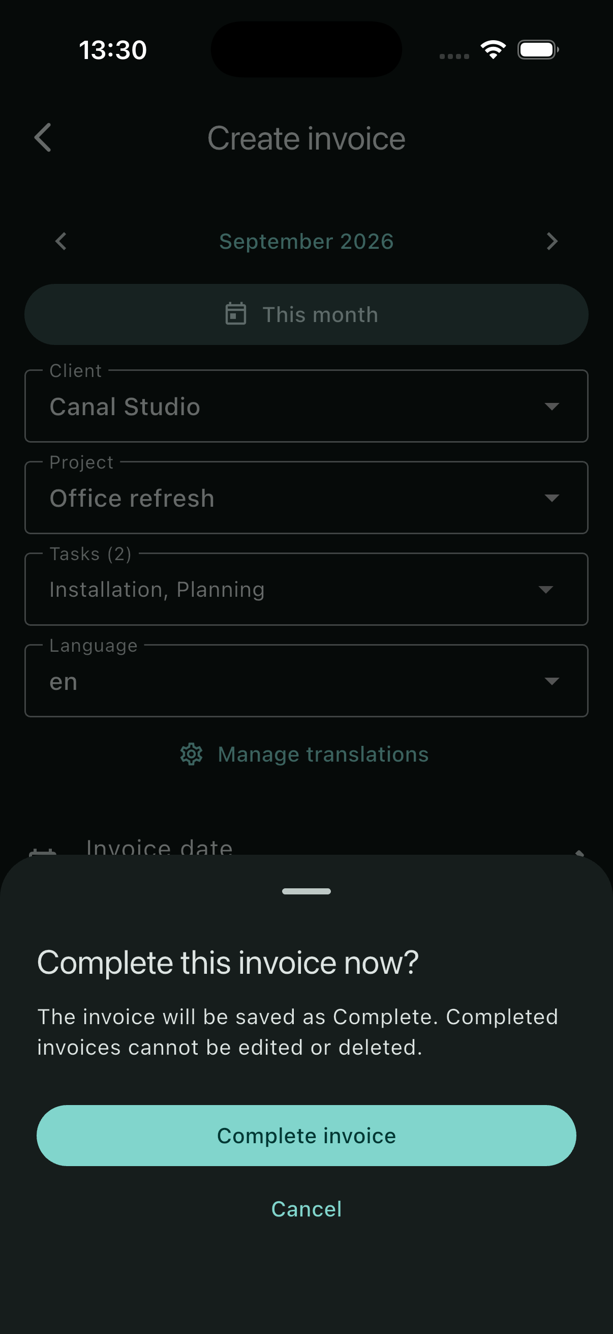 Confirmation sheet asking Complete this invoice now with Complete invoice and Cancel buttons