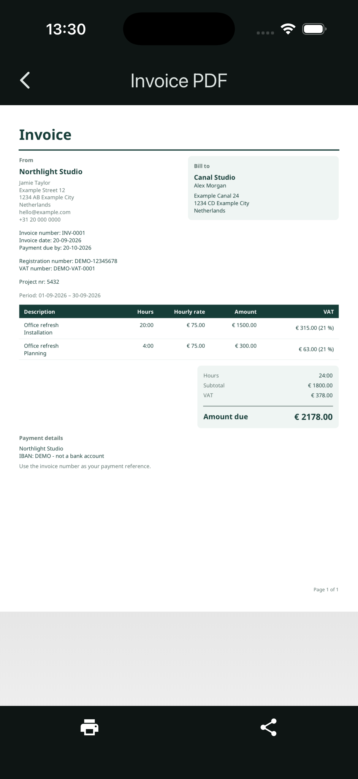 Completed invoice INV-0001 from Northlight Studio with 24 hours, 21 percent VAT and 2178 euros due