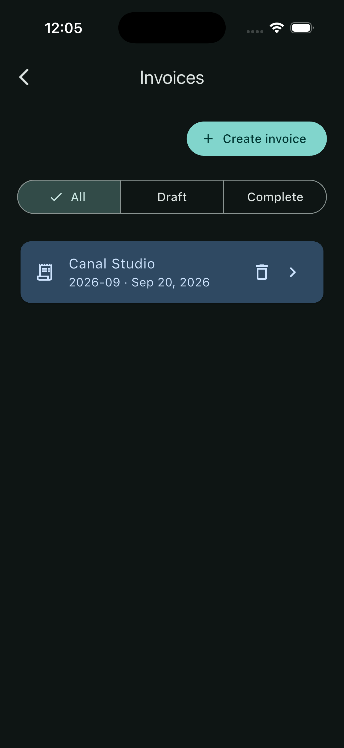 All invoices after reset showing only the Canal Studio draft