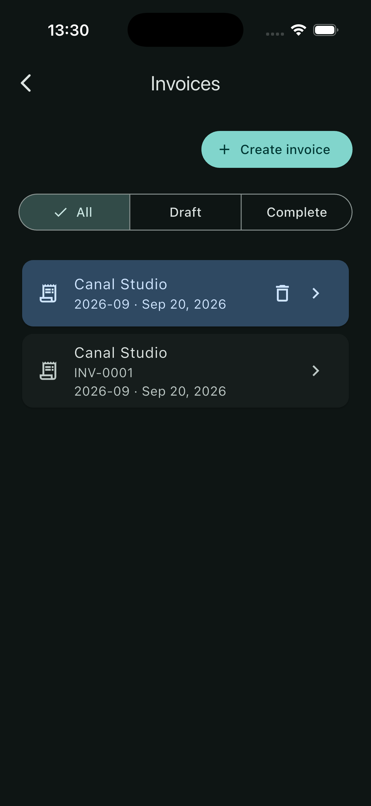 Invoice list containing a draft and completed invoice INV-0001 for Canal Studio