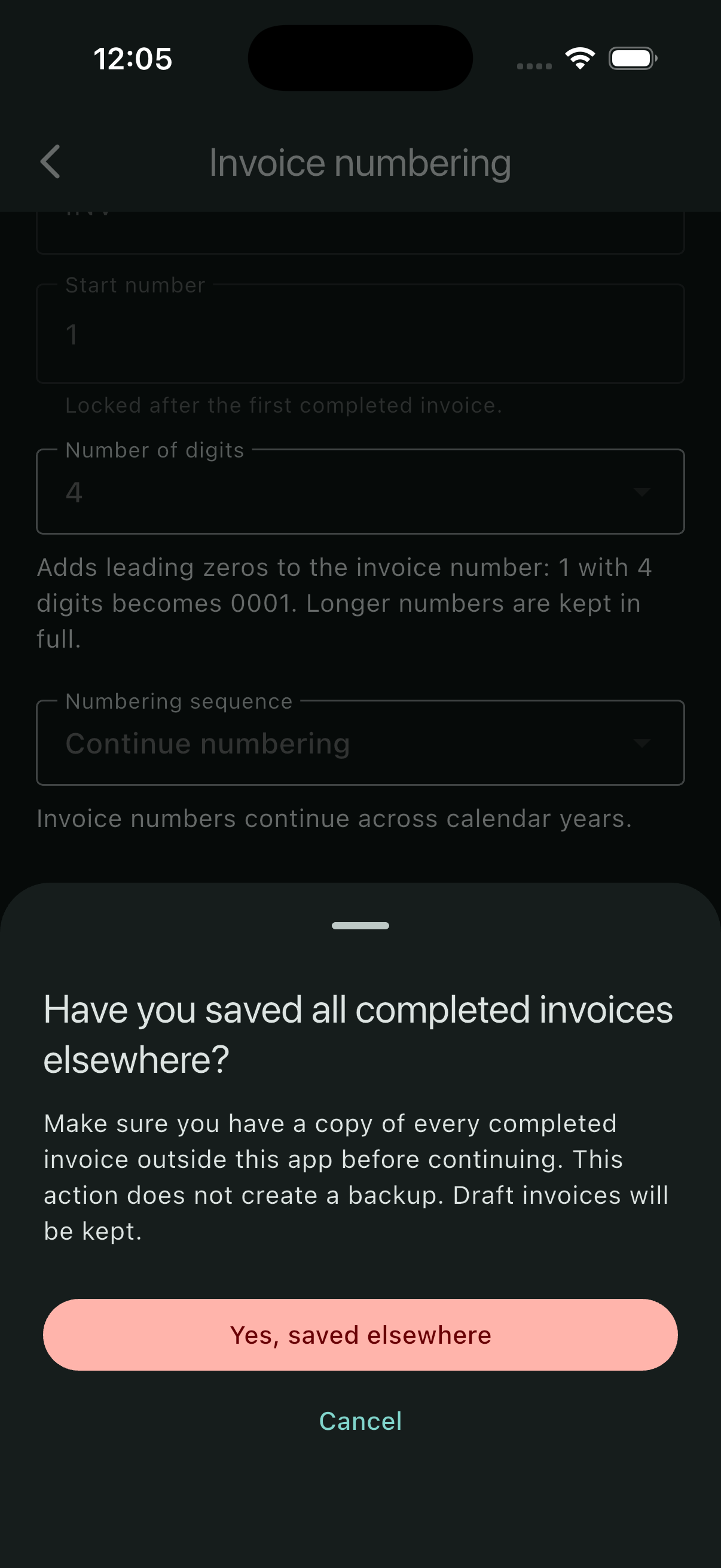 First reset confirmation asking whether all completed invoices are saved elsewhere