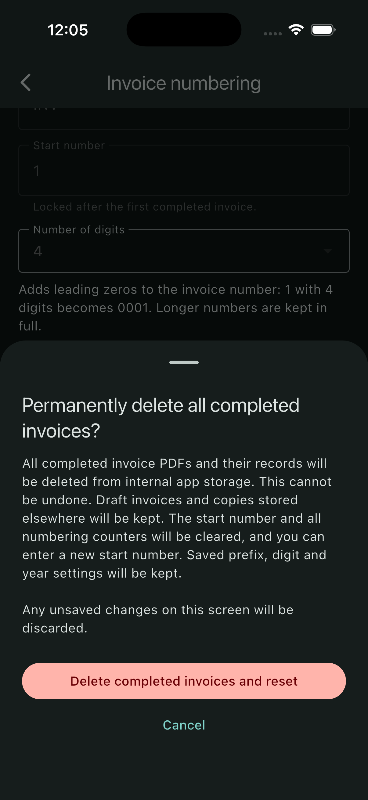 Second reset confirmation explaining permanent deletion and preserved drafts