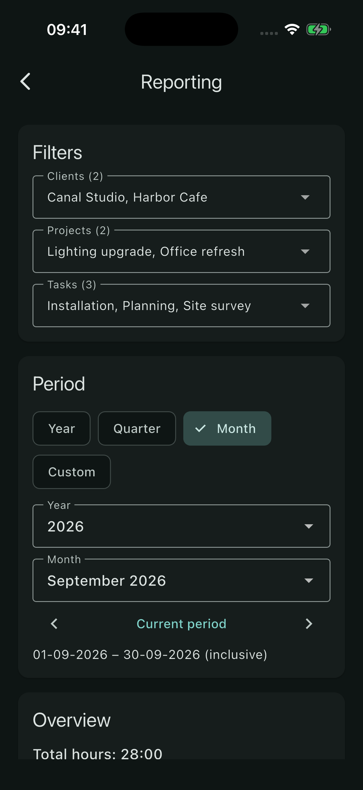 Reporting screen with client, project, task and period filters