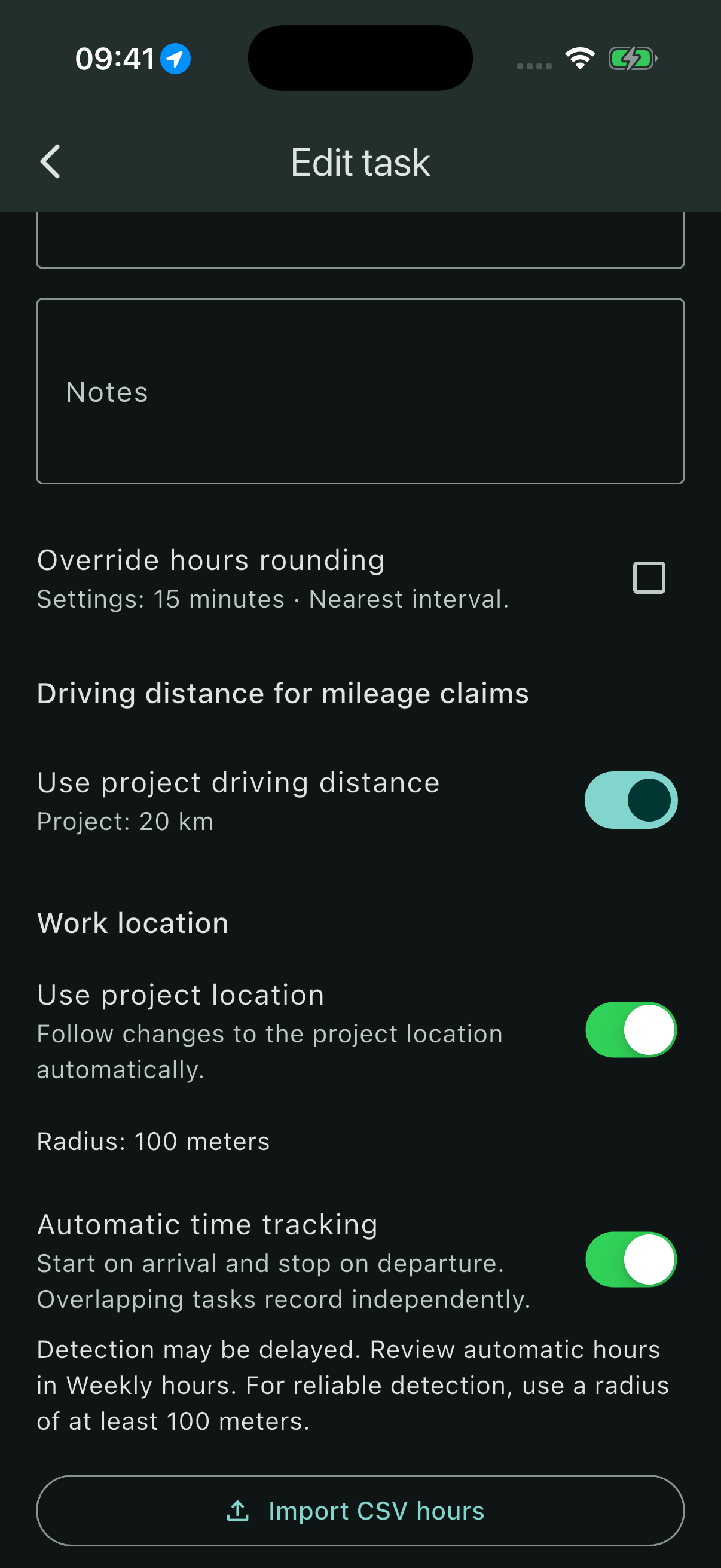 Planning task showing its inherited work location and automatic tracking switch