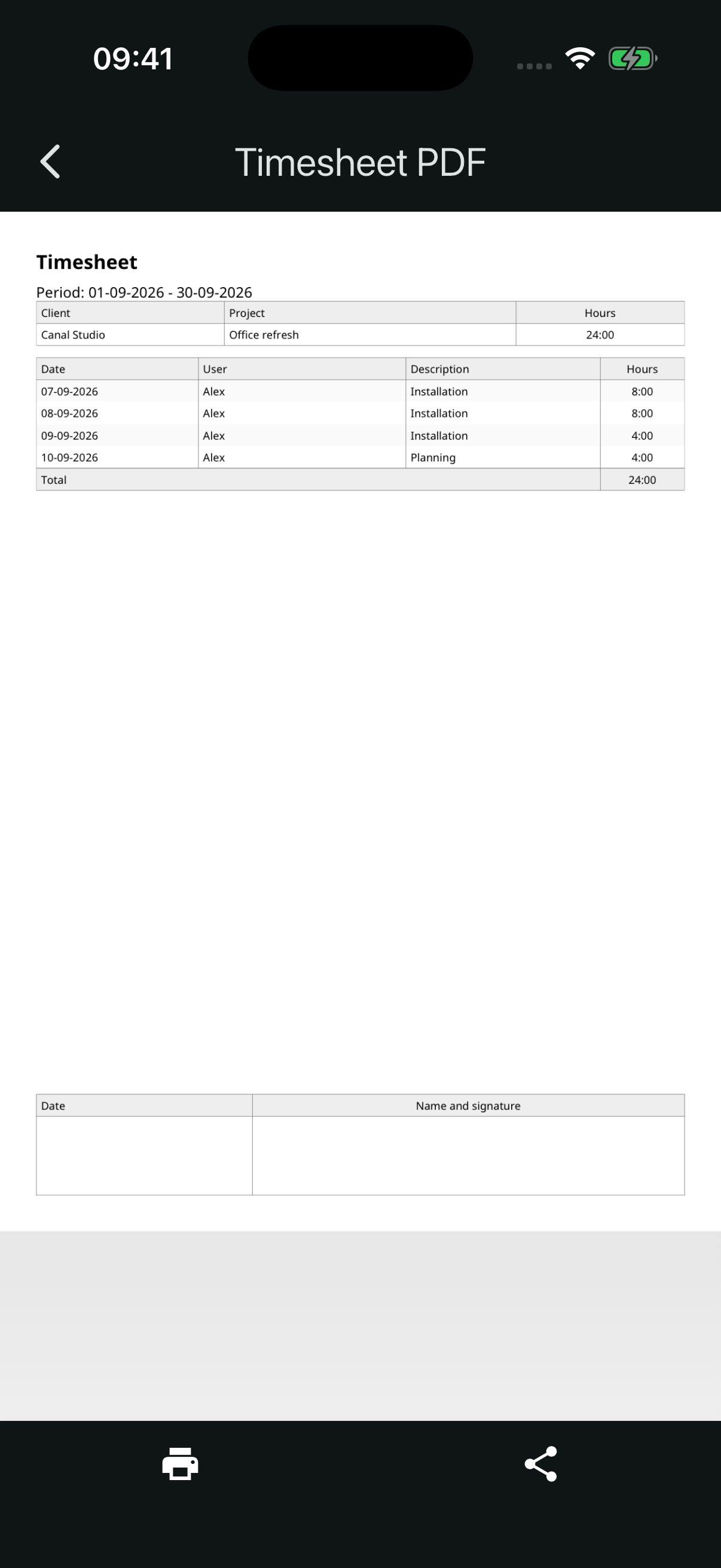 Monthly timesheet PDF with example client, project, task hours and a signature area