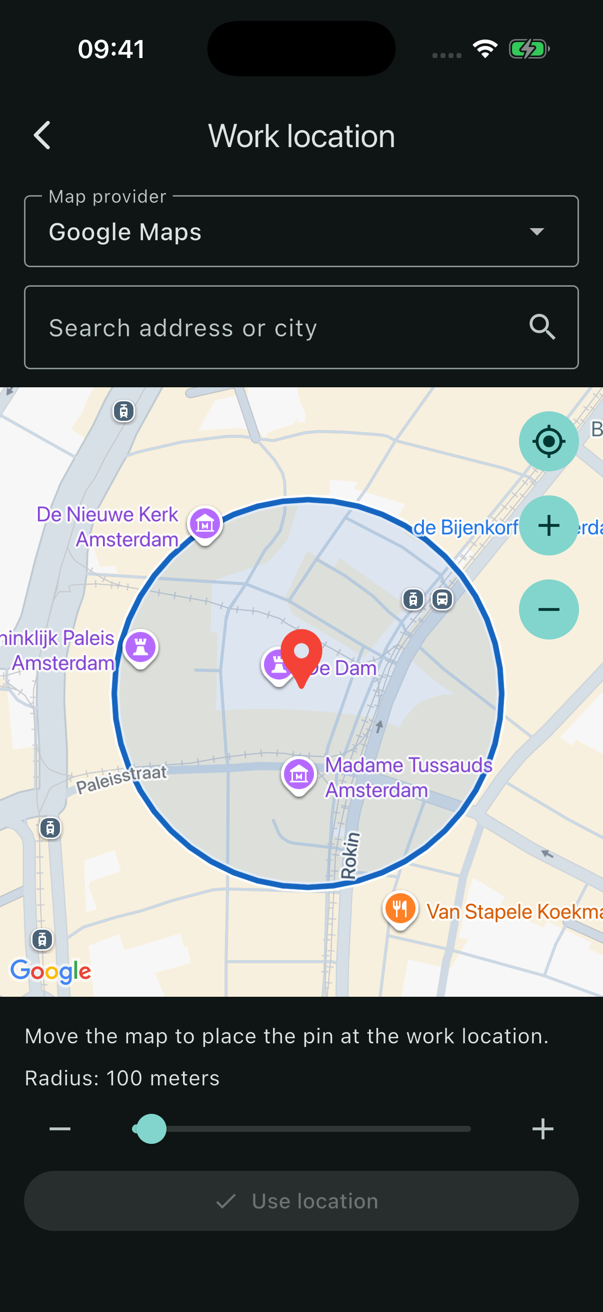 A work location on the map with a 100 metre radius